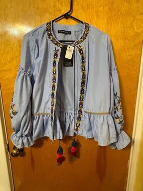 Haute Rouge Blue and White Striped Embroidered Open Jacket
